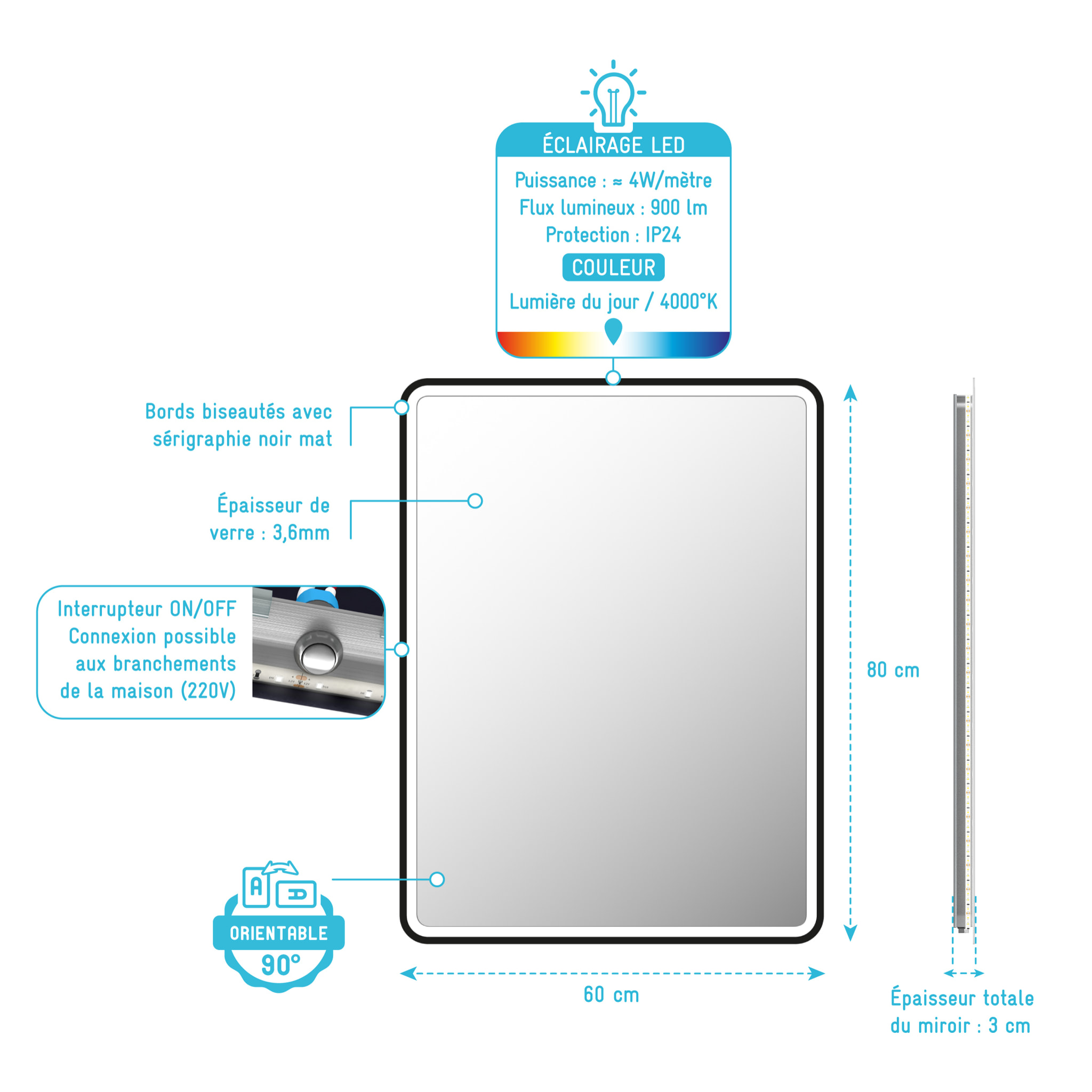 Miroir salle de bain avec eclairage LED et contour noir - 60x80cm - GO BLACK LED
