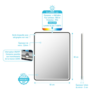 Miroir salle de bain avec eclairage LED et contour noir - 60x80cm - GO BLACK LED