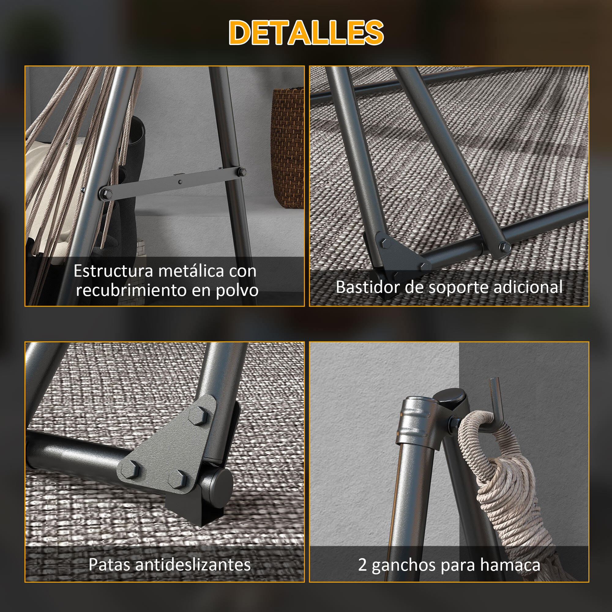 Soporte para Hamaca Plegable Portátil, 2 en 1, Soporte para Silla Colgante con Estructura de Metal y Bolsa de Transporte, Carga 120 kg, para Hamaca 2,5 m y Silla 1,5 m de Largo, Negro