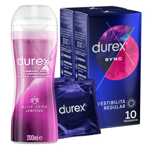 2x Preservativi Durex Sync con Forma Easy-On Stimolante e Ritardante 2 Confezioni da 10 Profilattici + Durex Massage 2in1 con Aloe Vera Gel Massaggi e Lubrificante Intimo Lenitivo 200ml