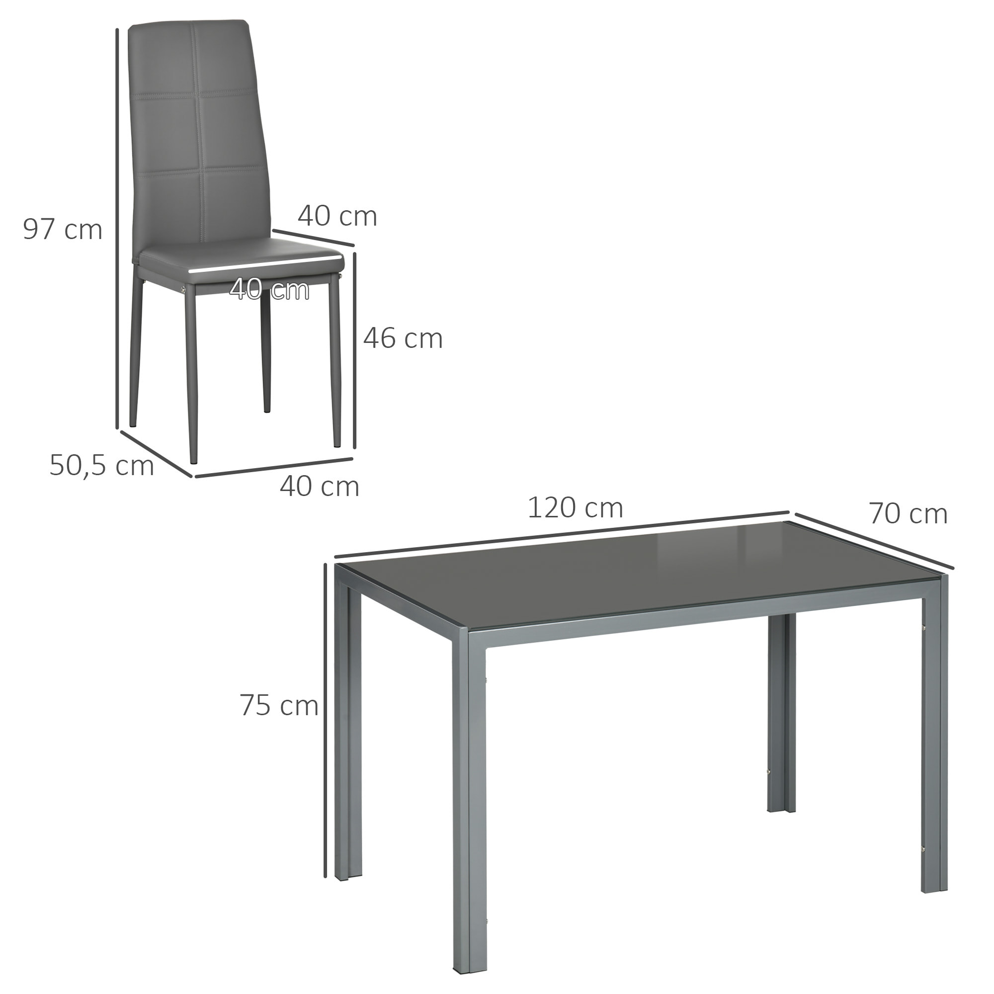 Ensemble table à manger rectangulaire et 4 chaises grand confort plateau verre trempé 8 mm métal gris