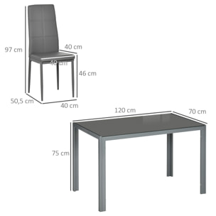 Ensemble table à manger rectangulaire et 4 chaises grand confort plateau verre trempé 8 mm métal gris