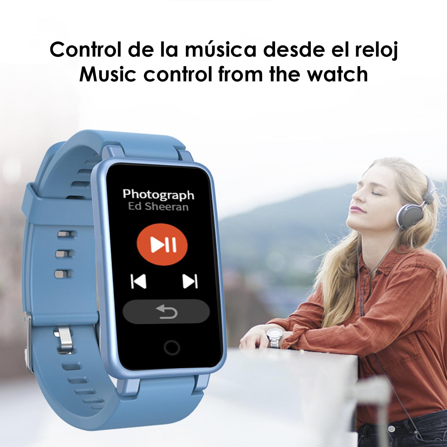 Brazalete inteligente C2 Plus con monitor cardiaco, presión sanguínea y notificaciones.