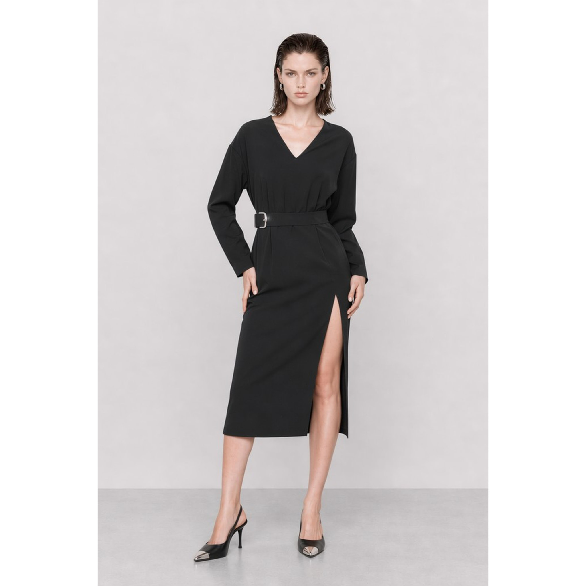 Kocca - Abito da donna con scollo a V, maniche lunghe e cintura Donna