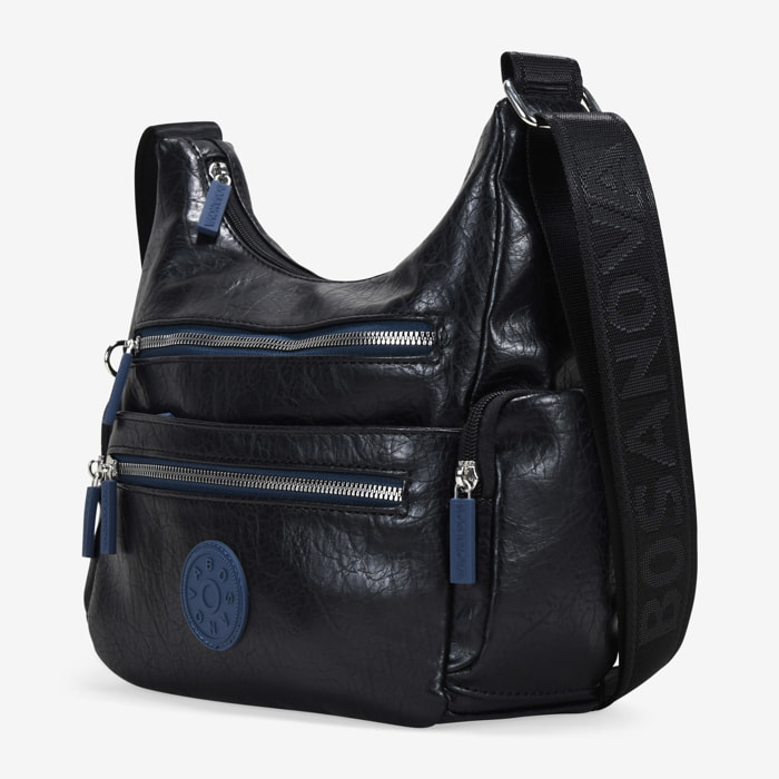 Bolso bandolera negro con cremalleras azules