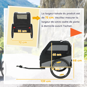Remorque vélo chien pliable attache universelle pneus 20" réflecteurs drapeau harnais gris