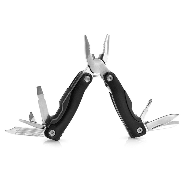 Multiherramienta Blauden, in acciaio inossidabile pratico e resistente, con 12 funzioni e una custodia in poliestere.