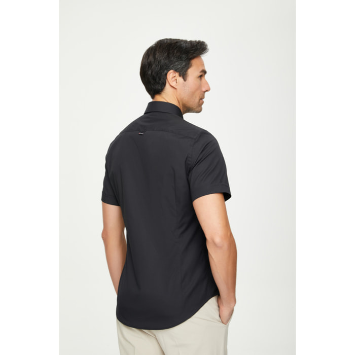 Camicia Uomo 1 Bottone Button Down Manica Corta Slim Popeline Stretch Unito Nero