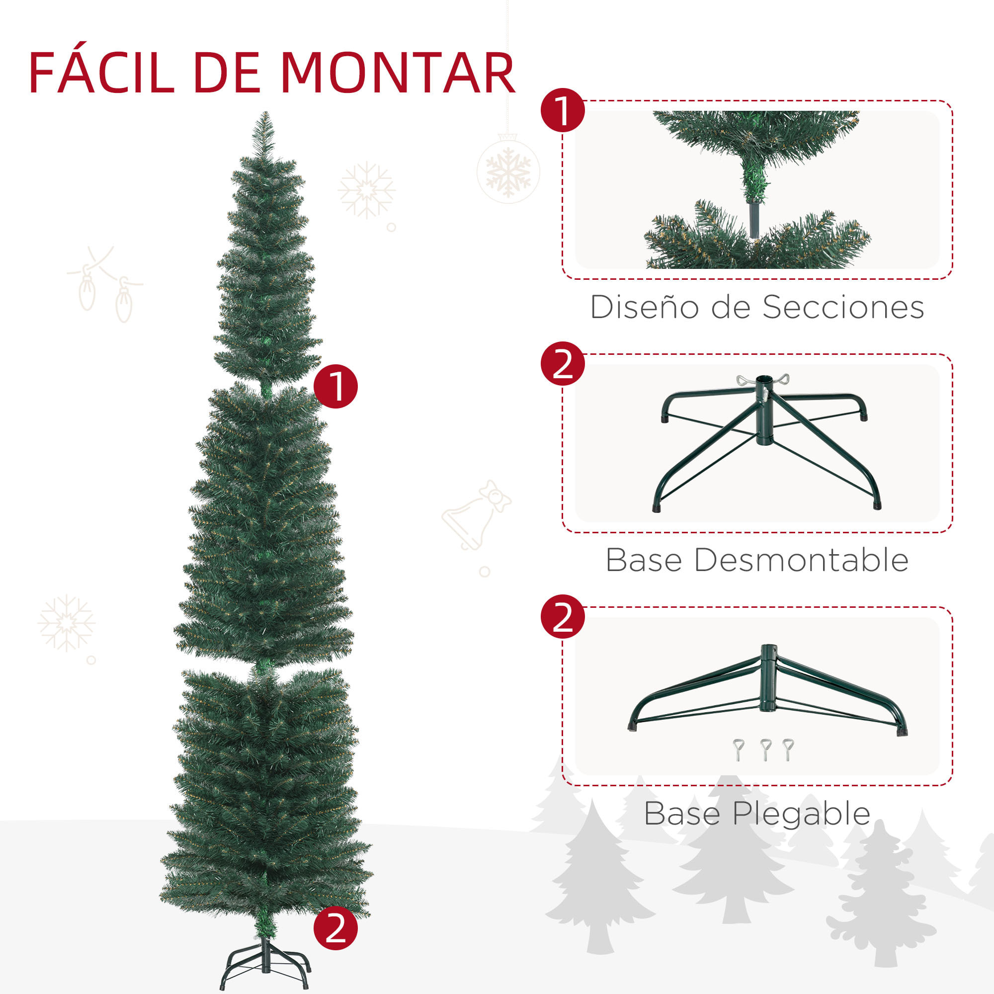 Árbol de Navidad Estrecho 210 cm, Árbol de Navidad Artificial con 510 Ramas, Base Plegable y Soporte Metálico, Fácil Montaje, para Salón, Interior, Verde