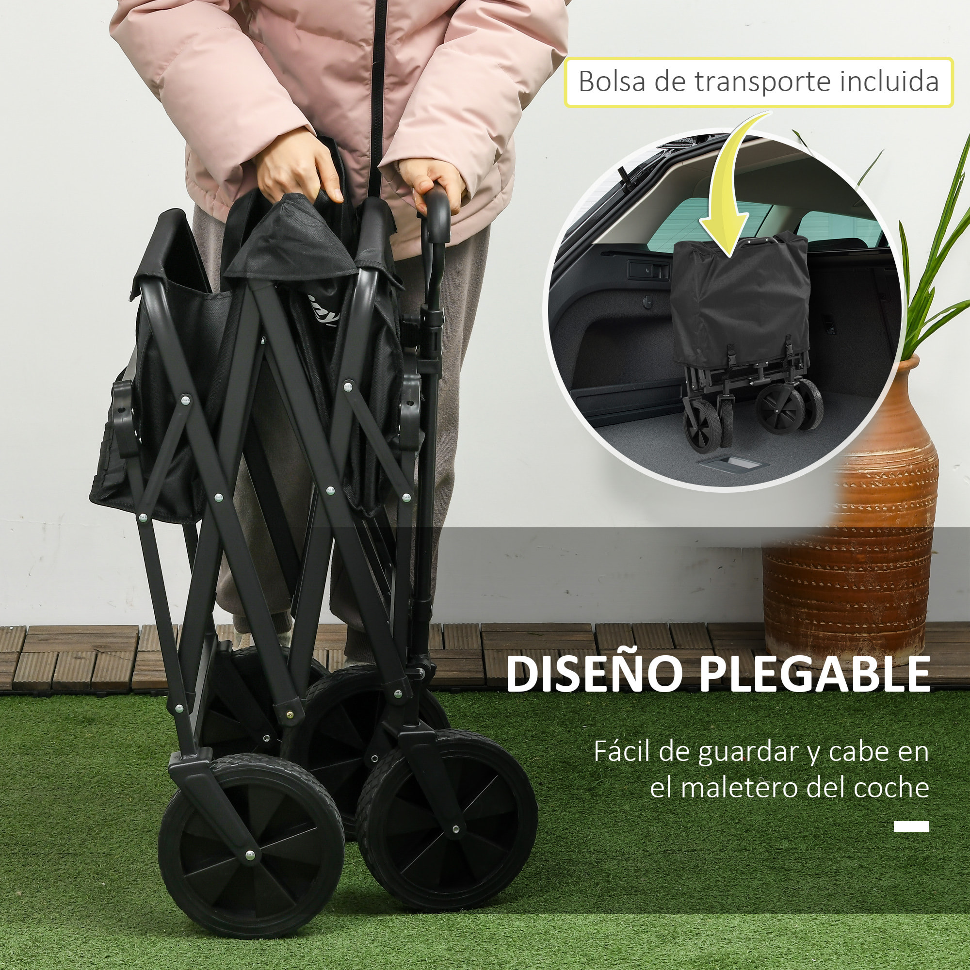 Carro Plegable con Toldo Desmontable Carro de Jardín con Longitud y Ángulo del Mango Ajustables y Bolsa de Transporte Carga 100 kg Negro