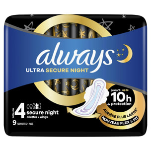 4x9 Serviettes Hygiéniques Always Ultra Secure Night- Taille 4 - Avec Ailettes