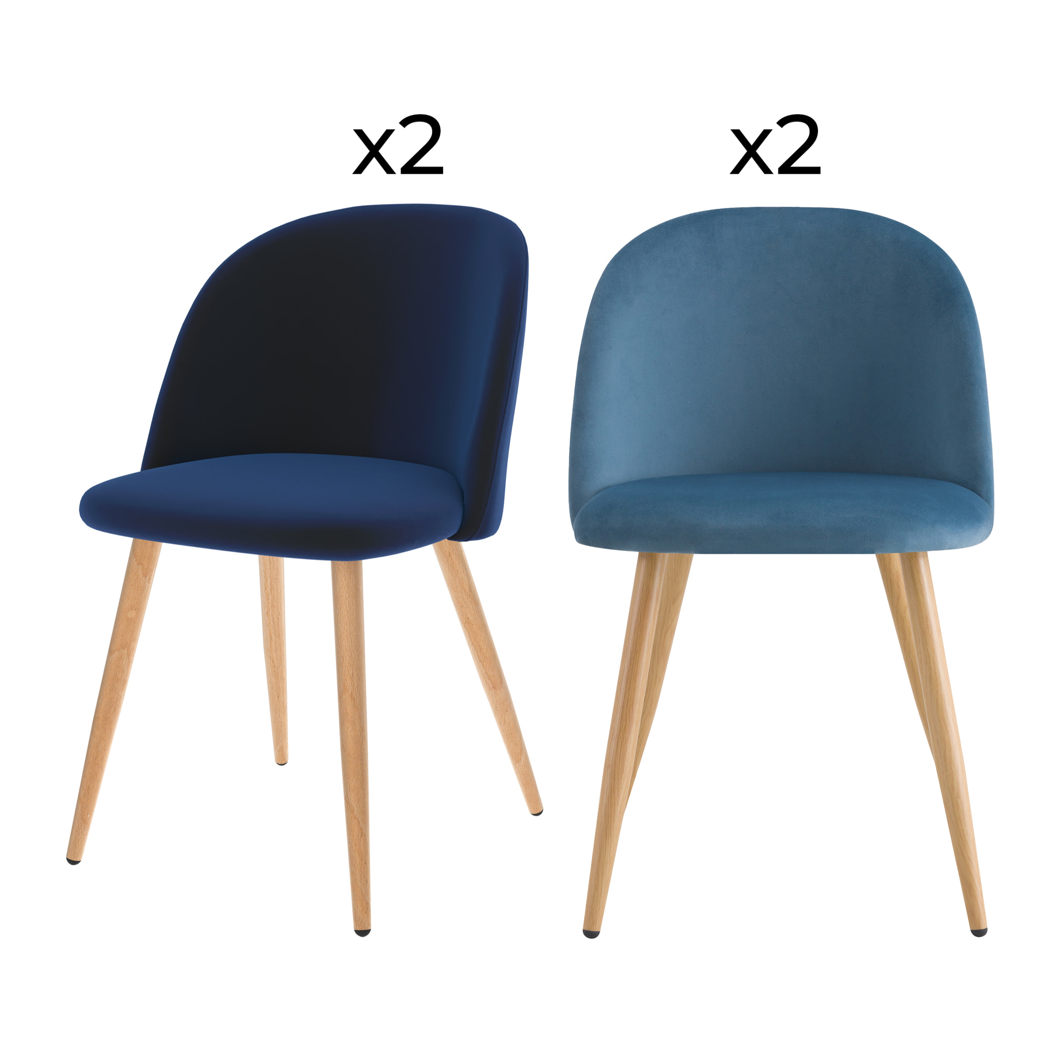 Pack 4 chaises Cosy en velours bleu foncé et bleu