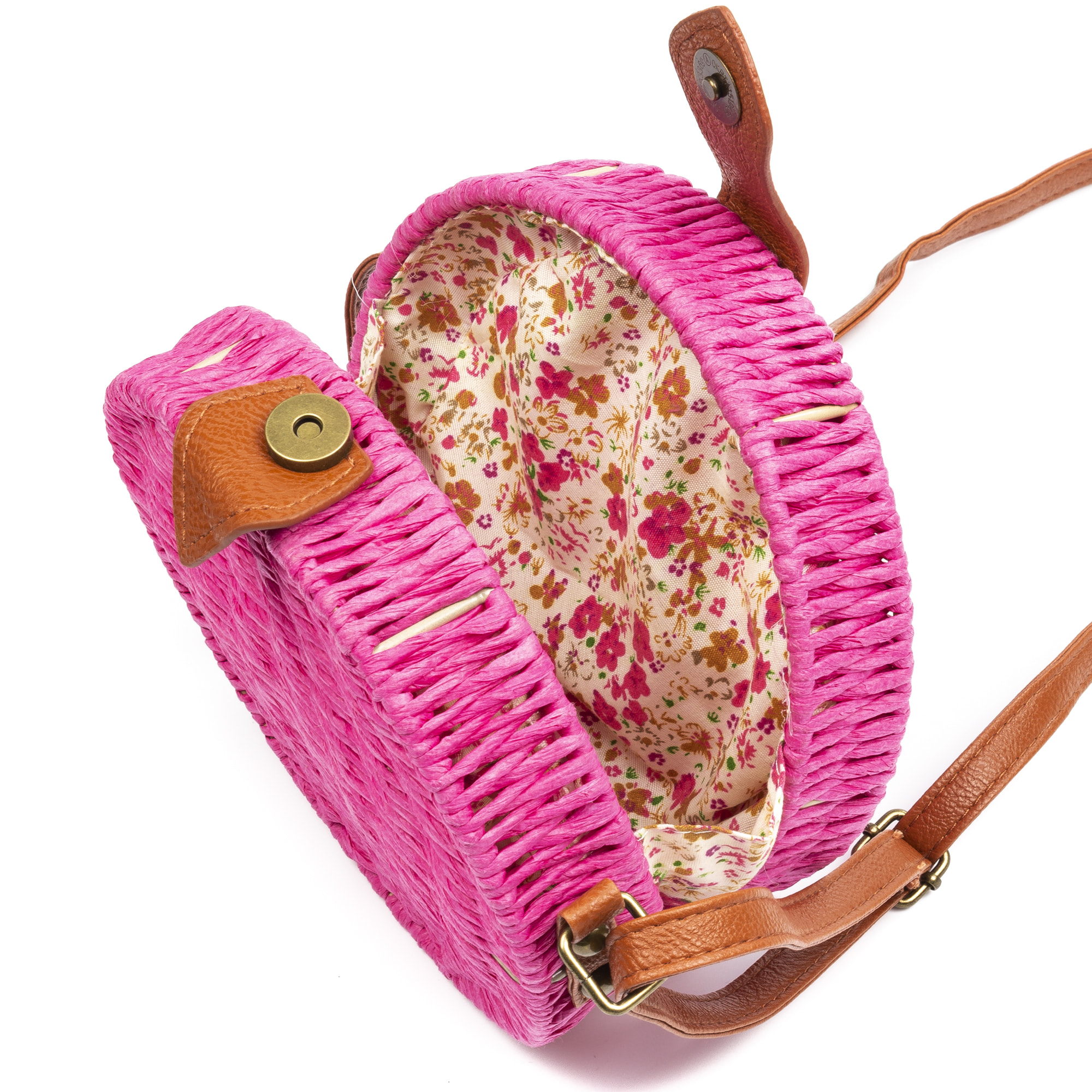 IRIA QUINTANA Borsa a tracolla da donna Cuneo. Tessuto Paglia Pelle Sintetica PU 18x4x18 Cm. Colore fucsia