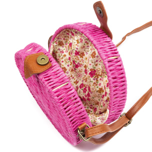IRIA QUINTANA Borsa a tracolla da donna Cuneo. Tessuto Paglia Pelle Sintetica PU 18x4x18 Cm. Colore fucsia