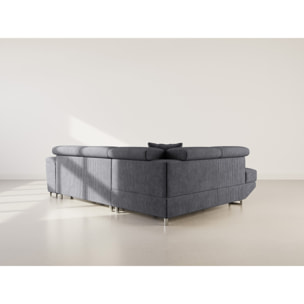 Baoji - Canapé d'angle gauche 5 places convertible avec têtières et coffre en velours côtelé - Gris