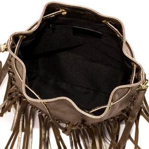 Arzana borsa a tracolla in vera pelle scamosciata laminata. Design esclusivo plissettato e con frange.