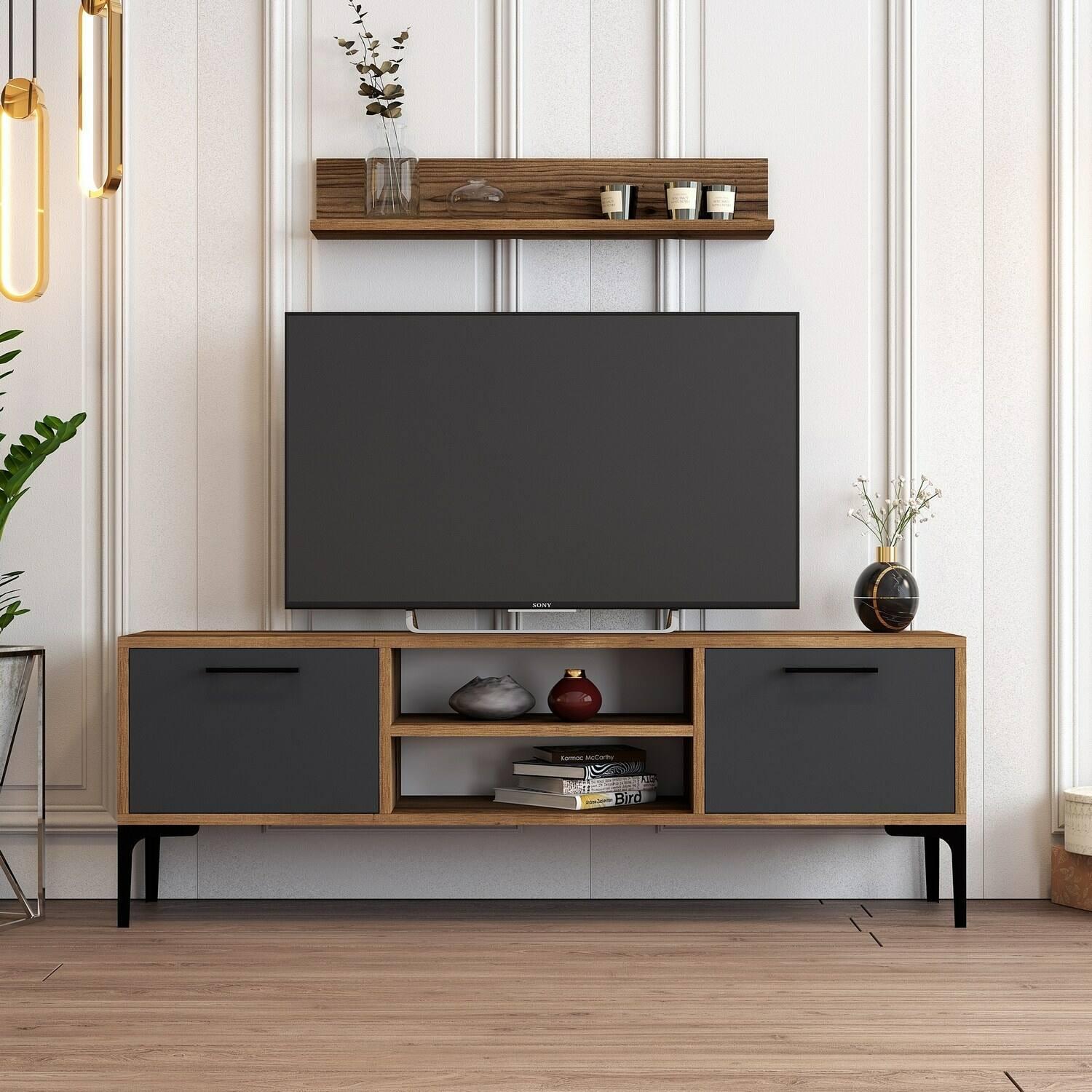 Mobile porta TV Dpiston, Credenza da soggiorno, Armadio basso per TV, Base parete attrezzata, 140x30h48 cm, Noce e Antracite