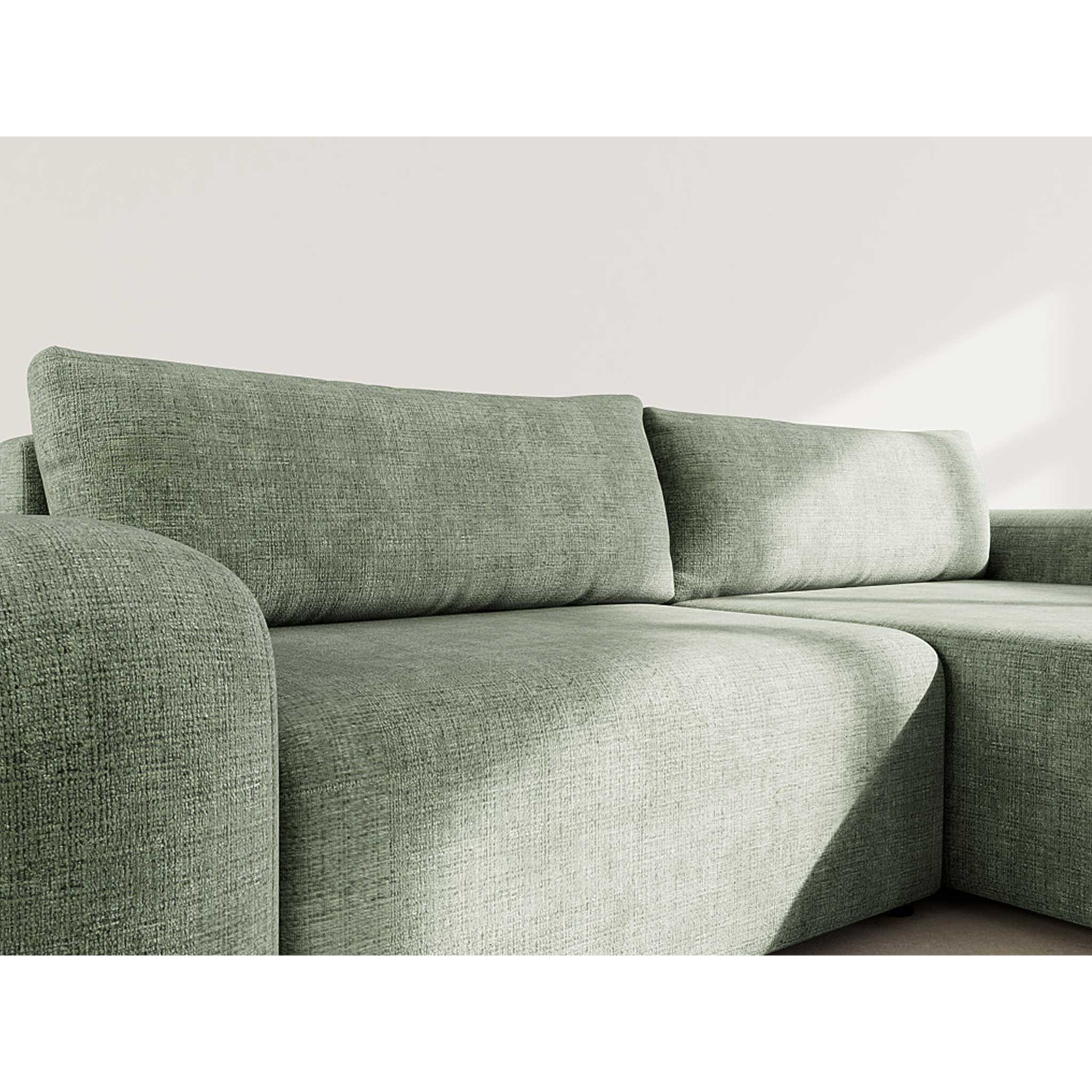 Rebecca - canapé d'angle droit 4 places convertible avec coffre en velours texturé - Vert sauge