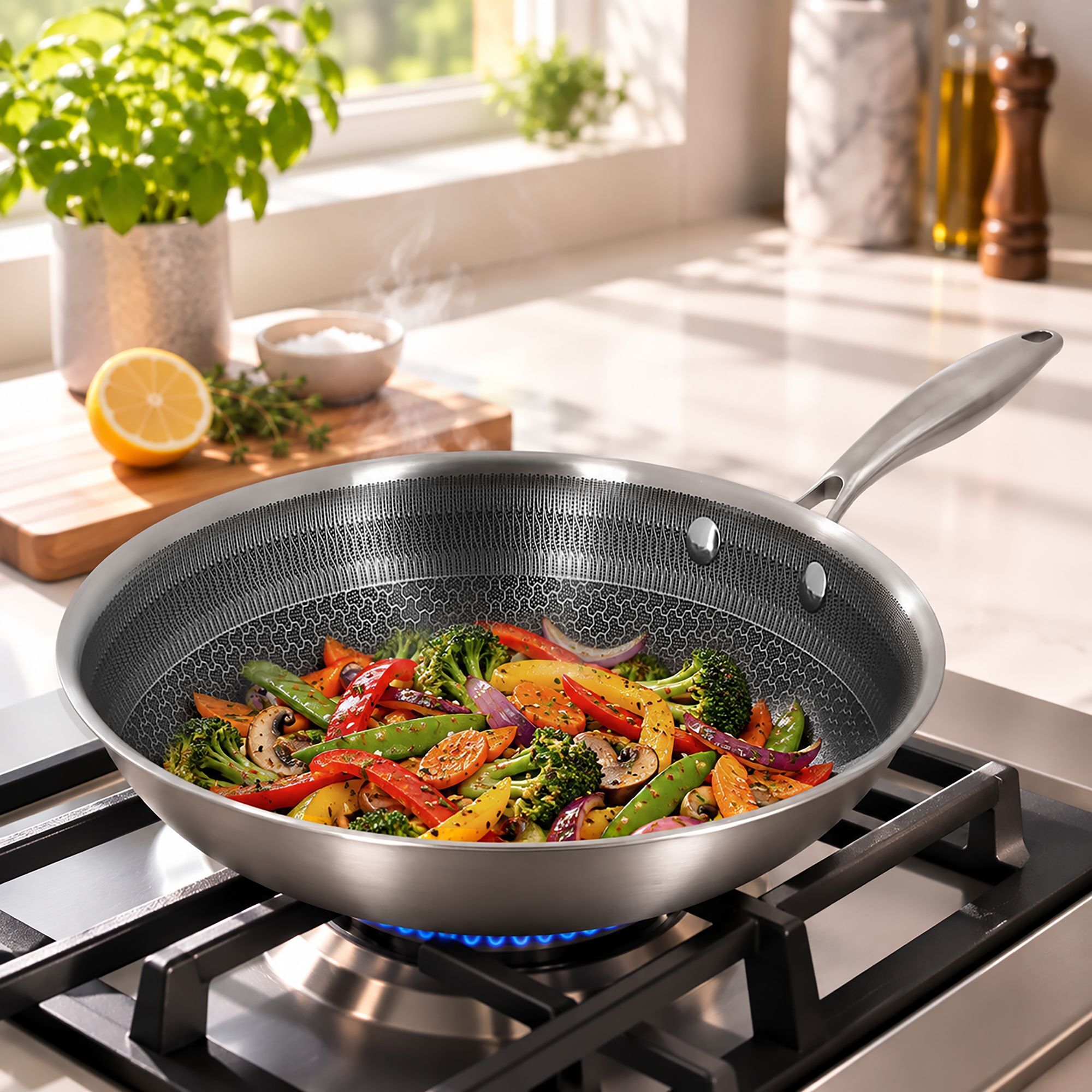 Wok en acier inoxydable revêtu antiadhésif 28cm - tous feux TRINOX