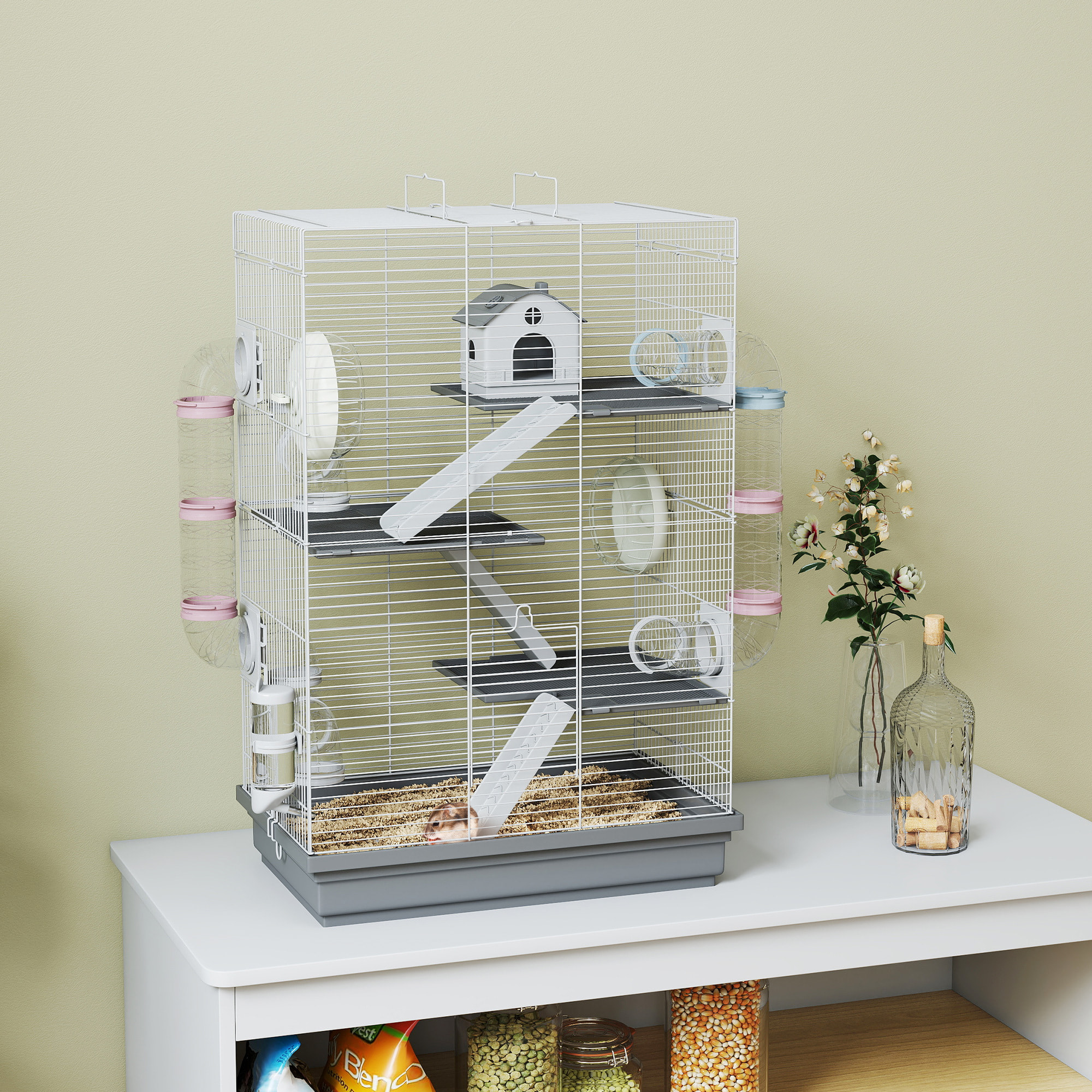 Jaula para Hámster, 47x30x70 cm, Casa para Animales Pequeños con Túnel, Plataformas, Cuenco, Bebedero, Casita, Rampas y Rueda de Ejercicio, para Hámsteres Enanos, Jerbos, Gris