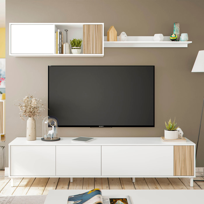 Mueble TV con estante Summer 4 puertas, color Blanco Artik y madera