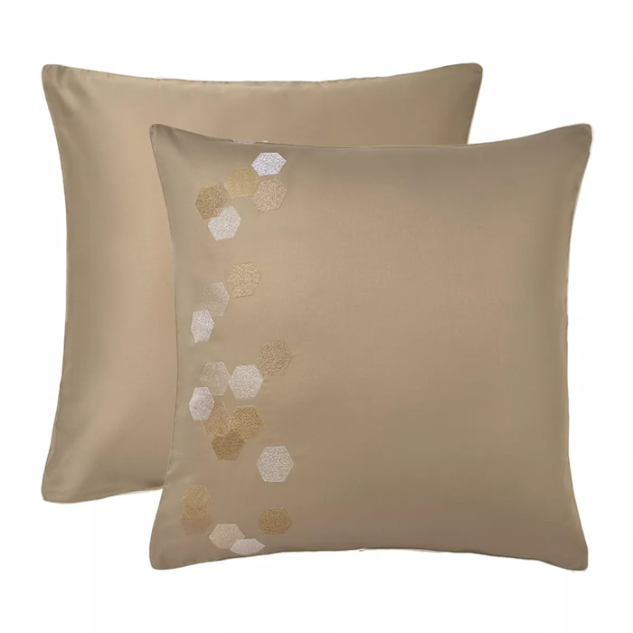Taie d'oreiller satin de coton brodé beige Hexagones angora
