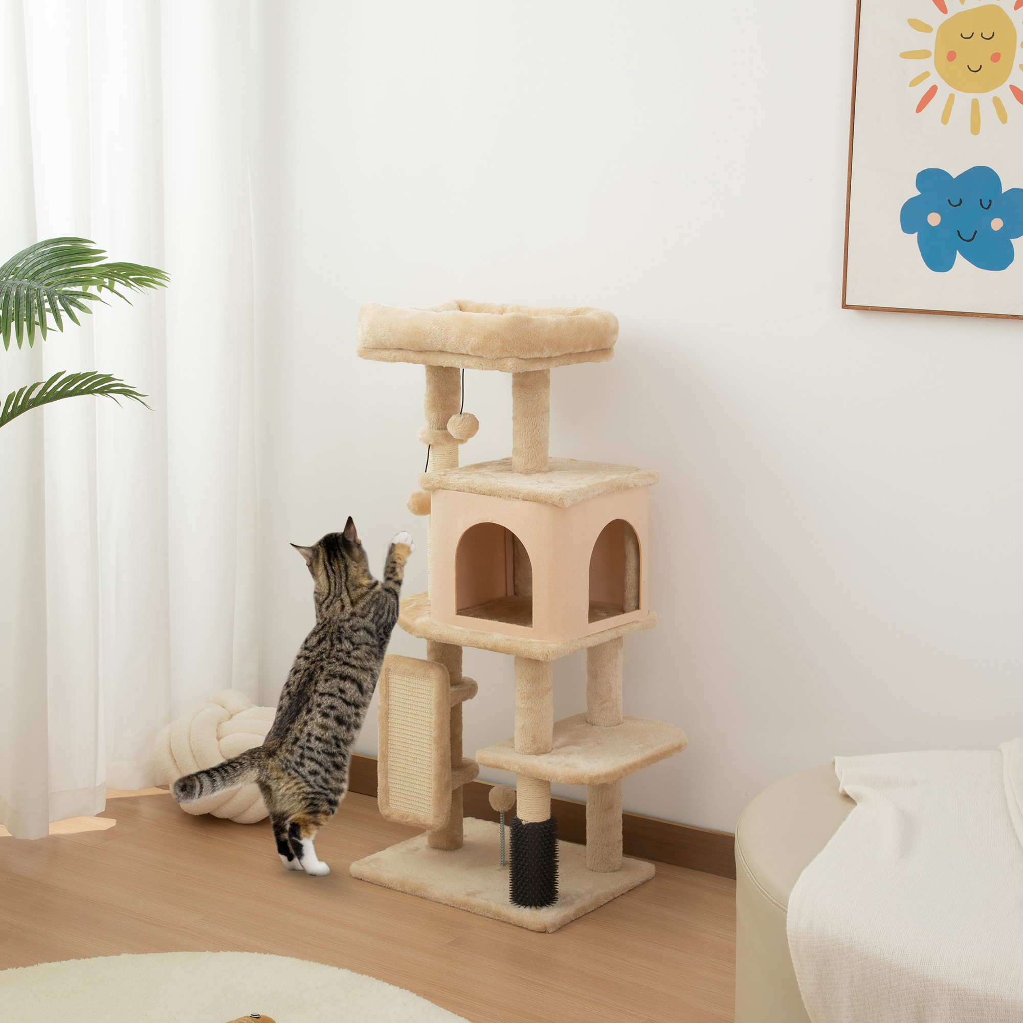Arbre à chat H.104 cm - griffoir, grattoir, bande massante, jeux boules, niche, plateforme observation - beige