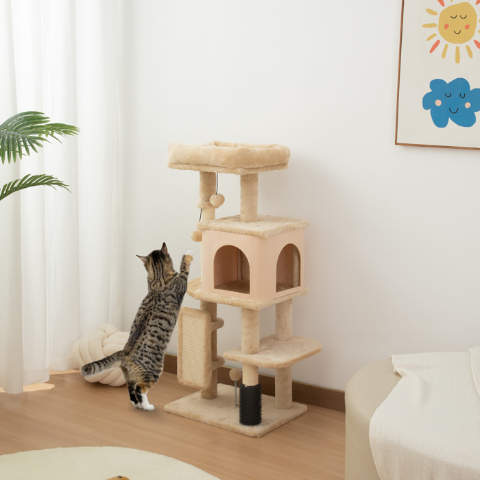 Arbre à chat H.104 cm - griffoir, grattoir, bande massante, jeux boules, niche, plateforme observation - beige