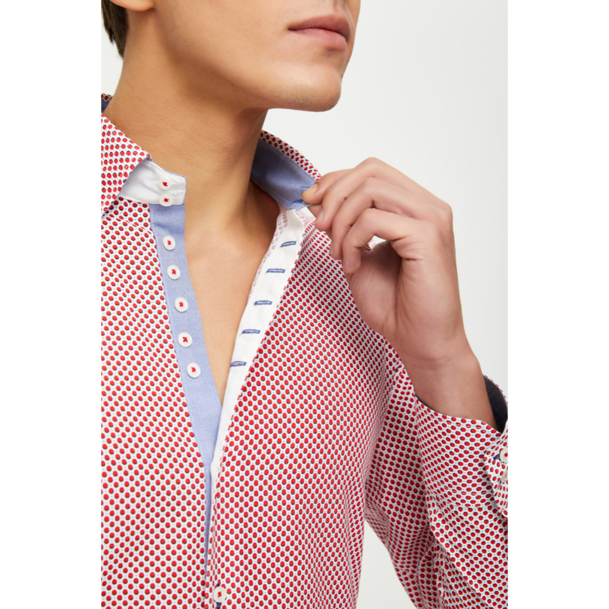 Camicia Uomo 2 Bottoni Button Down 7 Bottoni Slim Cotone Poliestere Stampa Bianco e Rosso