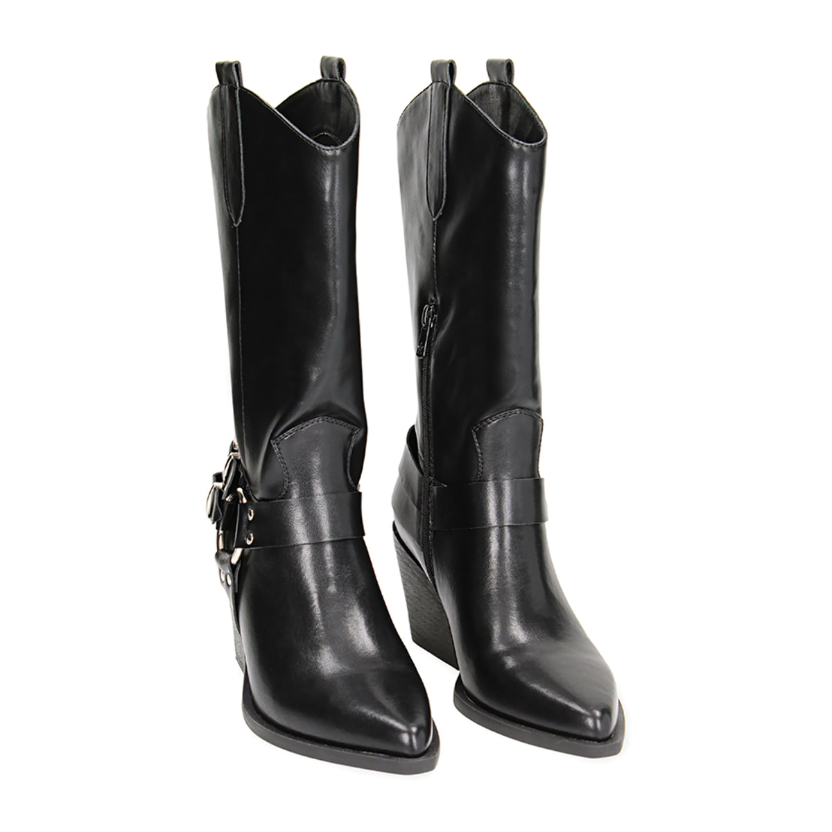 Stivali texani neri con fibbie, tacco 6,5 cm