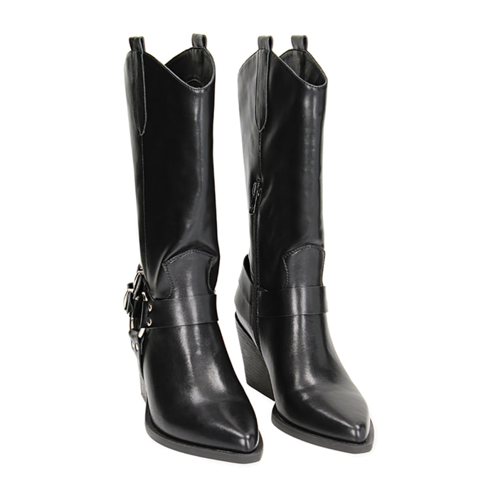 Stivali texani neri con fibbie, tacco 6,5 cm