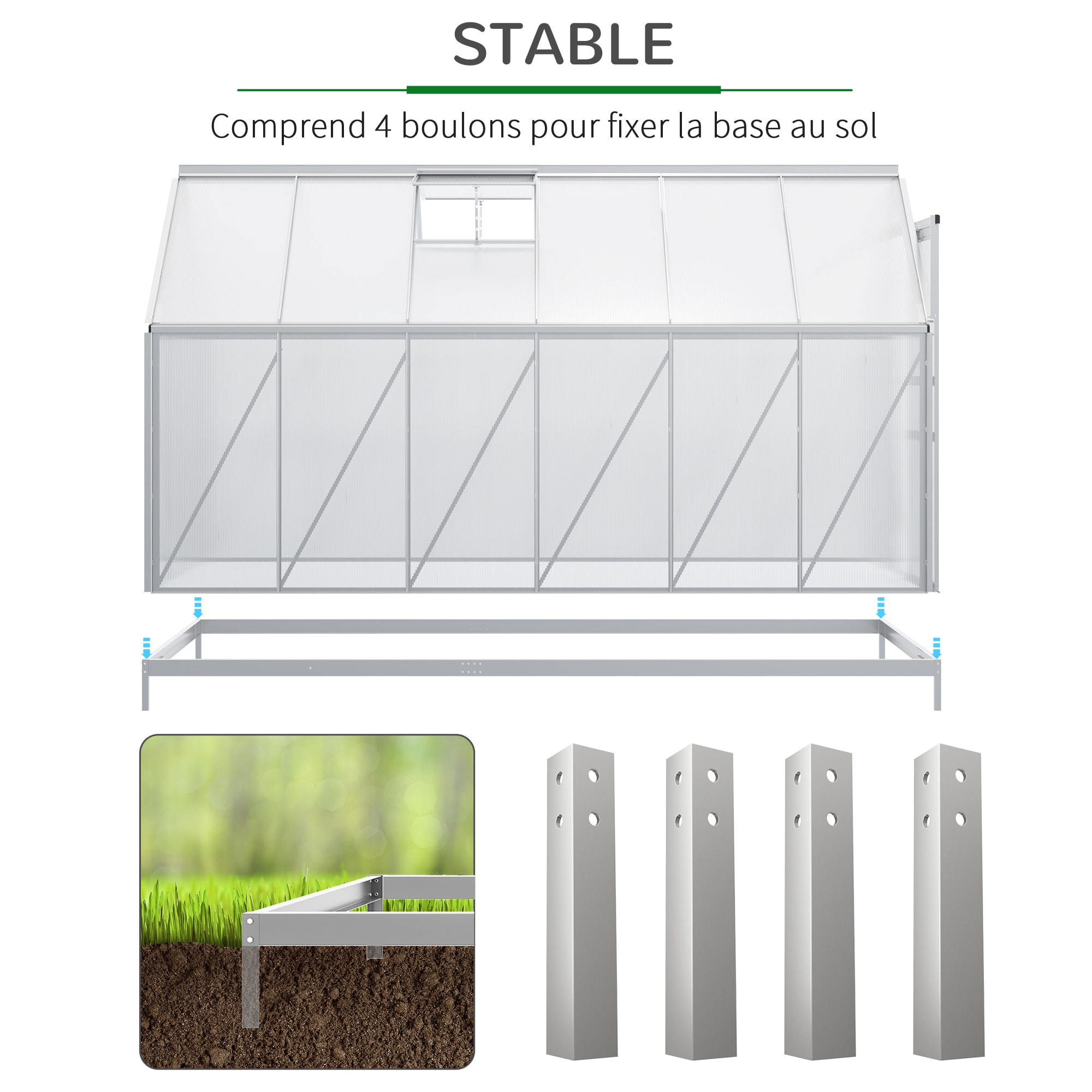 Serre de jardin aluminium polycarbonate 7,12 m² dim. 3,75L x 1,9l x 2H m lucarne réglable fondation porte coulissante