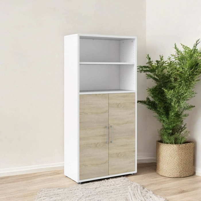 Credenza Saotome, Buffet da soggiorno, Madia da salotto, Dispensa da cucina, 89x40 h186 cm, Bianco e Quercia