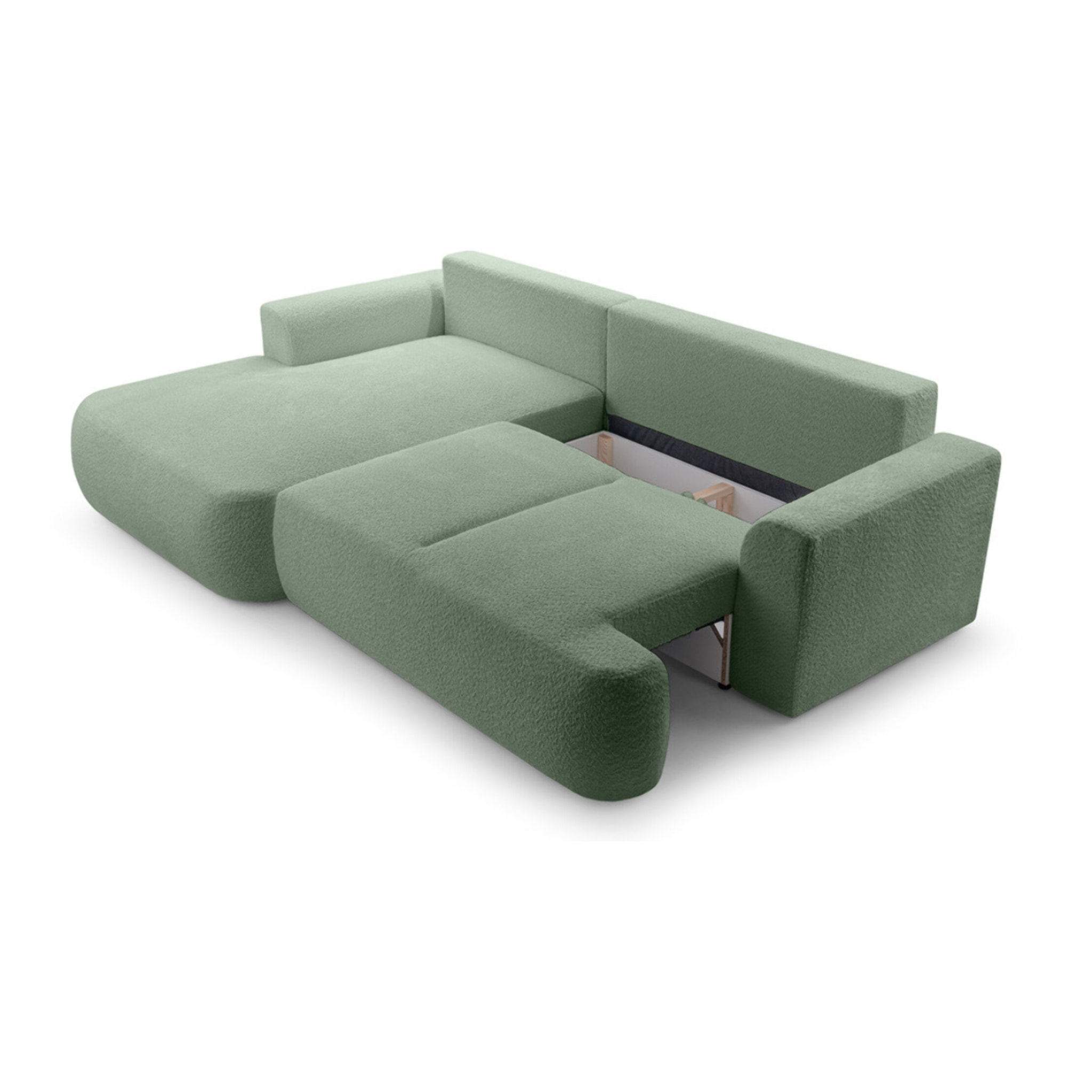 Candela - canapé d'angle gauche 4 places - convertible avec coffre - en tissu bouclette - Vert sauge