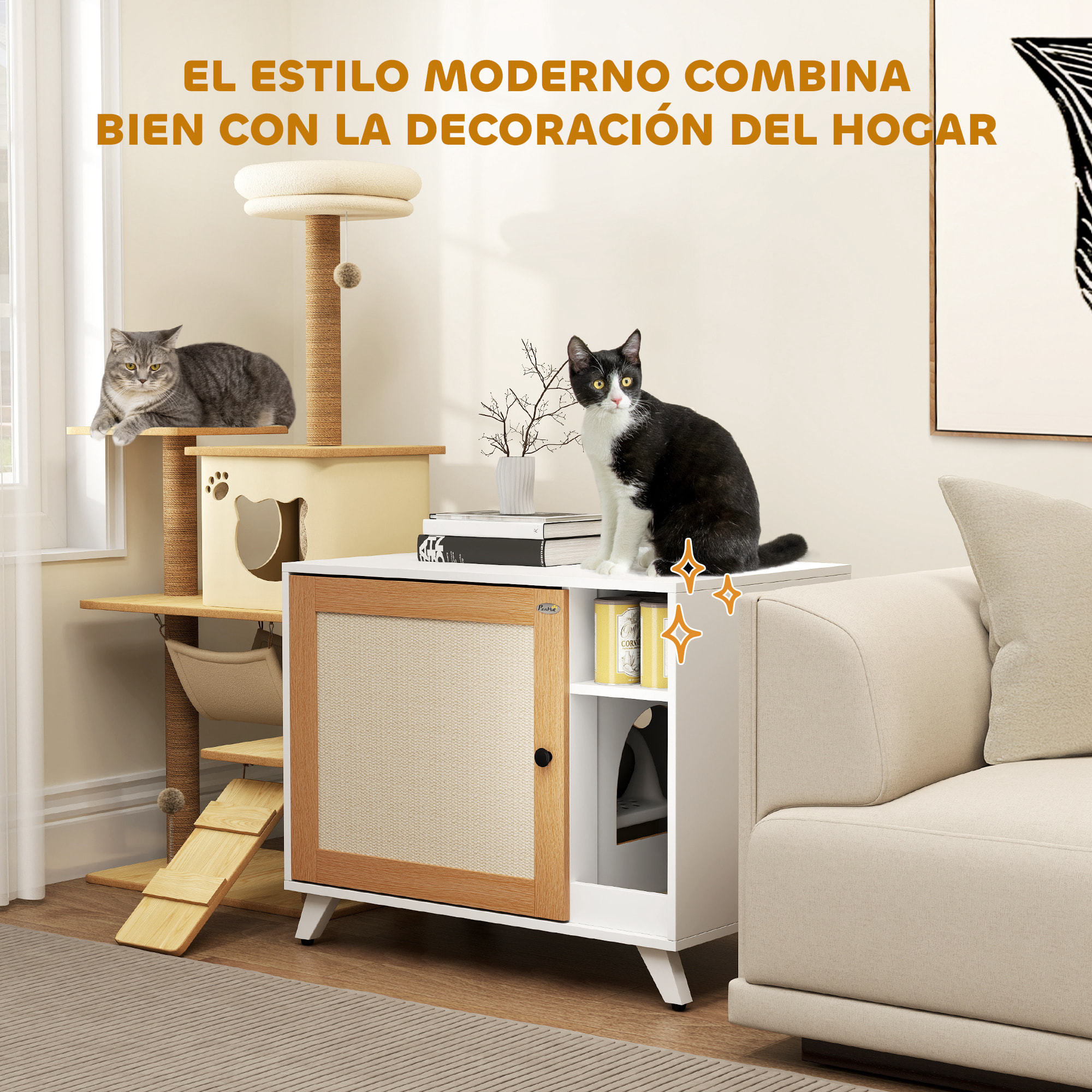 Mueble Arenero para Gatos Caja de Arena para Gatos con Puerta con Almohadilla para Rascar y Compartimento Arenero para Gatos para Salón Dormitorio 77x50x63 cm Blanco