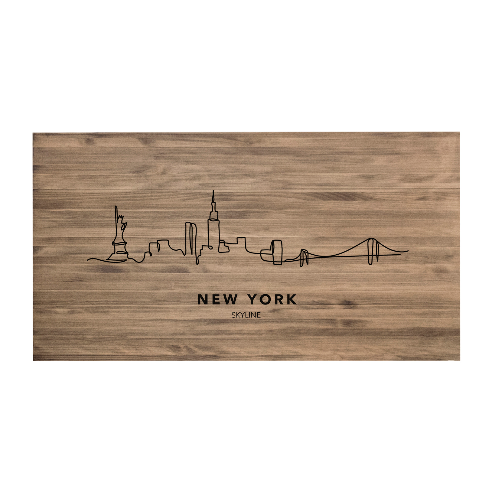 Cabecero de madera maciza estampado motivo New York Skyline en tono roble oscuro de varias medidas