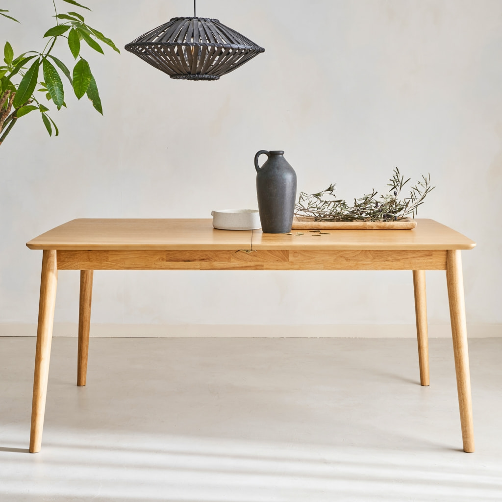 Table à manger rectangulaire extensible bois d'hévéa et placage chêne 6-8 places LINA