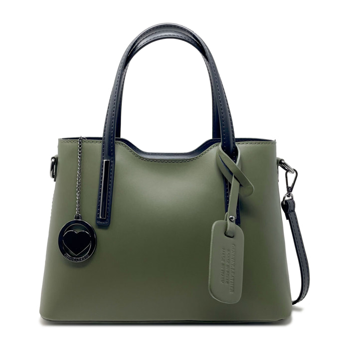 Chicca Borse - Borsa a Mano Donna in Vera Pelle - Colore Verde Militare - Nero