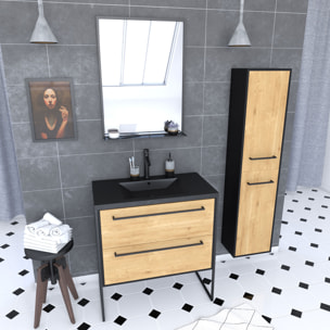 Ensemble Meuble de salle de bain blanc 80cm + vasque noir effet pierre + miroir + colonne rangement