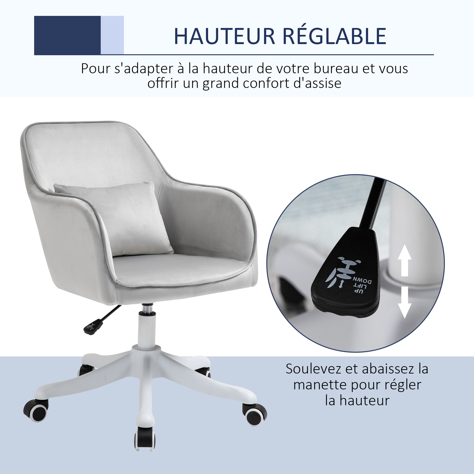 Chaise de bureau velours fauteuil bureau massant coussin lombaire intégré hauteur réglable pivotante 360° gris clair