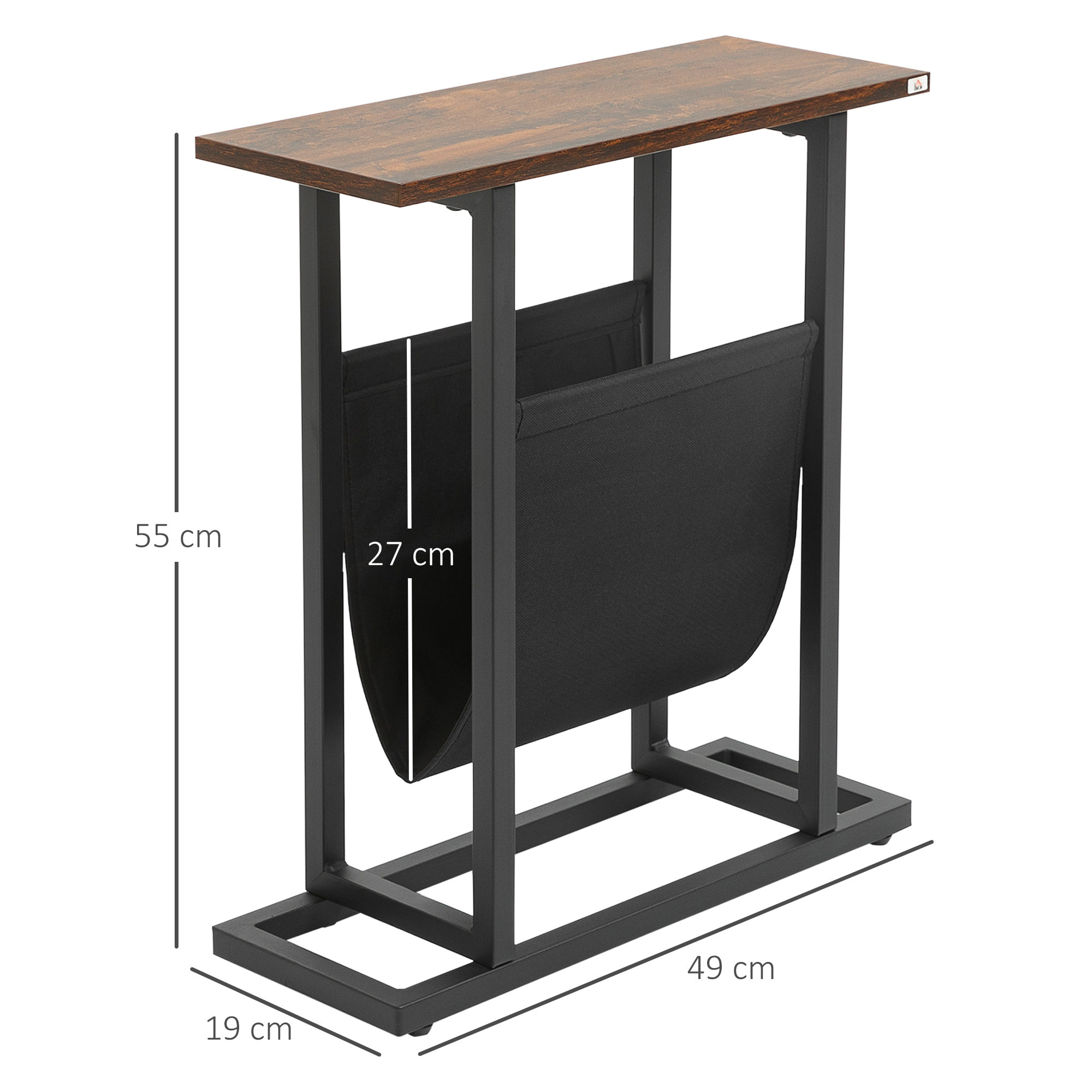 Guéridon bout de canapé table basse d'appoint - porte-revue tissu noir - châssis métal noir plateau aspect bois