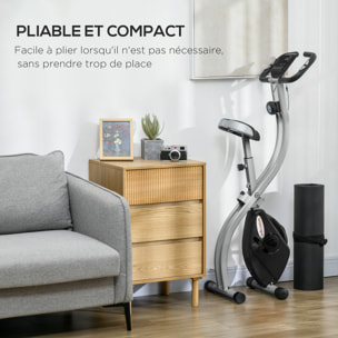 Vélo d'appartement pliant, vélo de fitness, vélo d'intérieur 8 niveaux de résistance magnétique, selle réglable, poignées, écran LCD multifonction, support tablette, acier gris