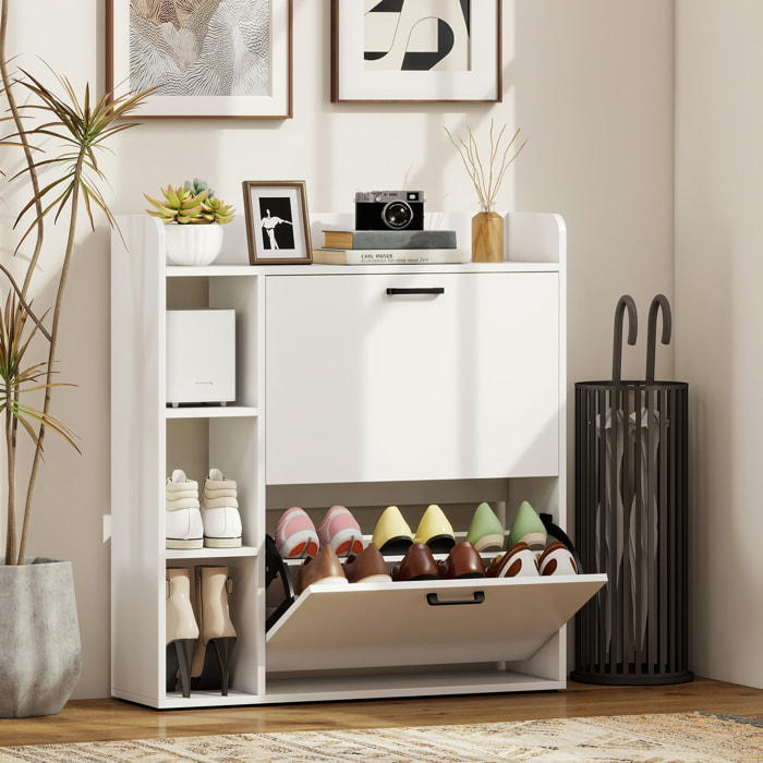 Zapatero Estrecho 2 Puertas, Mueble Zapatero con 3 Estantes Laterales y Estantes Ajustables, para 15 Pares de Zapatos, para Pasillo, Entrada, Espacio Reducido, 83x24x90,5 cm, Blanco