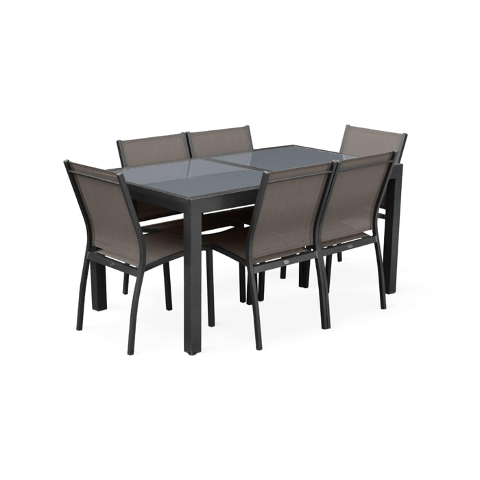Salon de jardin table extensible - Orlando Gris taupe - Table en aluminium 150/210cm. plateau de verre. rallonge et 6 chaises en textilène