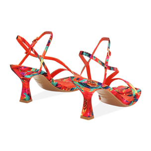 Sandalia con tacón de mujer multicolor-anaranjado en satén
