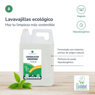 PLANETA HUERTO | Pack 6x Lavavajillas Manual Té Verde ECO 5 L | Detergente Ecológico Concentrado para una Limpieza Eficiente y Sostenible