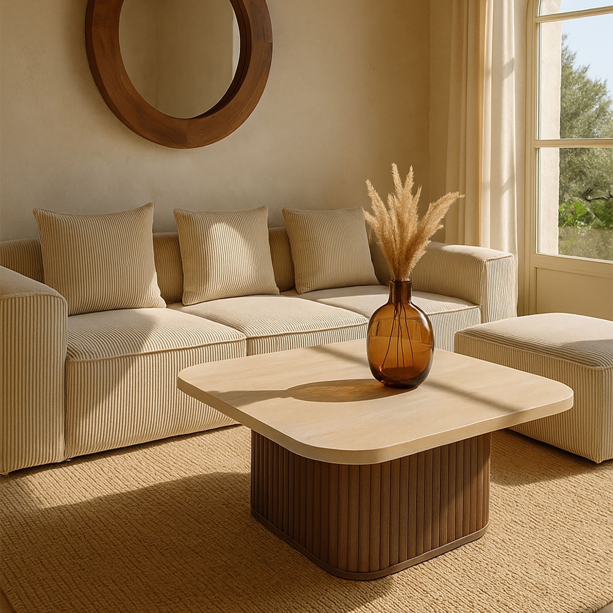 Table basse carré effet travertin et pied effet noyer 80cm ESTHER