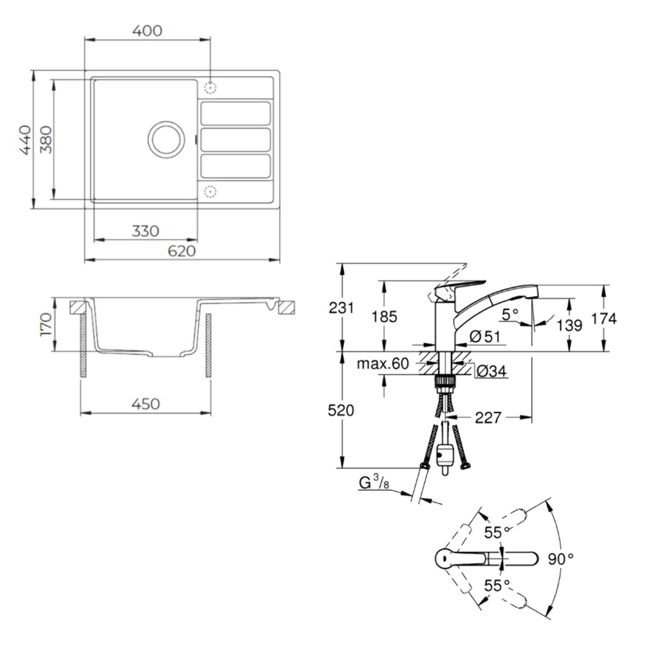 62x44 cm kit évier avec égouttoir réversible en Granite, à encastrer, blanc + mitigeur de cuisine Grohe Start (SATSE2WG303)