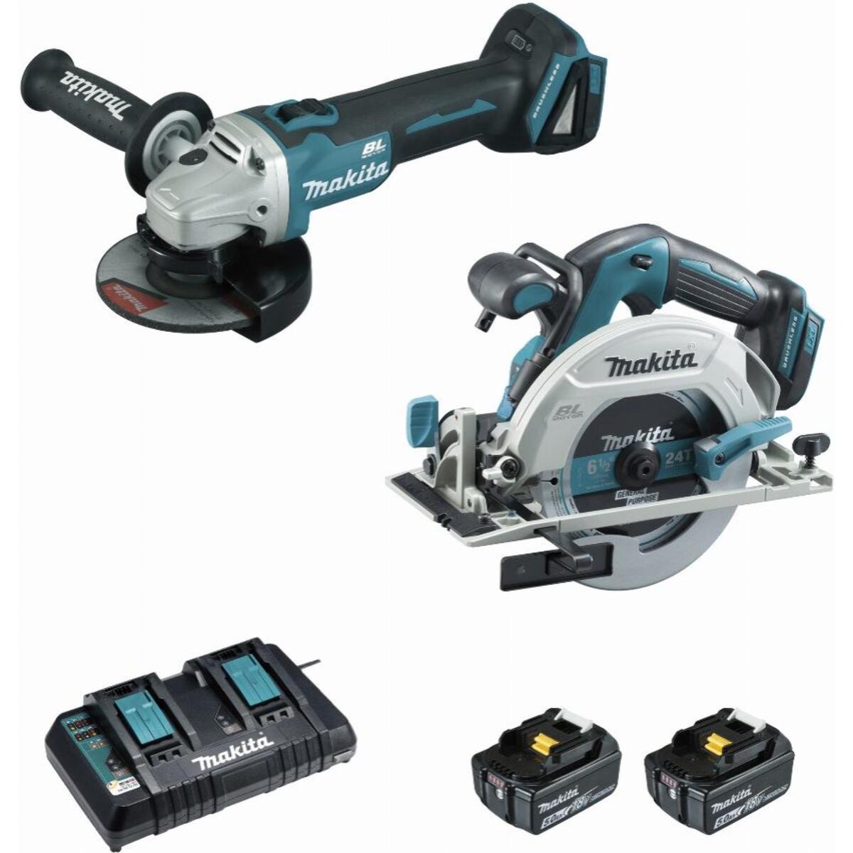 Juego de 2 máquinas 18 V Li-Ion 5 Ah MAKITA Sierra DHS680 + Amoladora DGA506 - 2 baterías, cargador, maletín - DLX2277PTJ