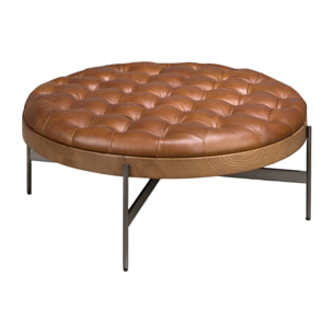 Mesa centro Angel Cerdá redonda en madera chapada en nogal natural y una tapa de piel en marrón oscuro 100x100x40cm